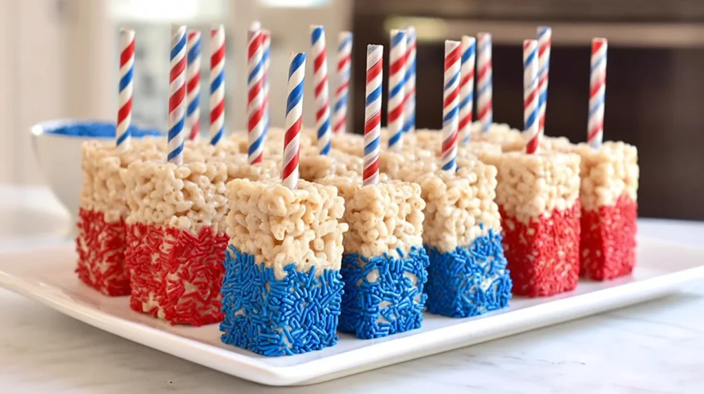 red white and blue iced rice krispie treats on striped sticks, straws
