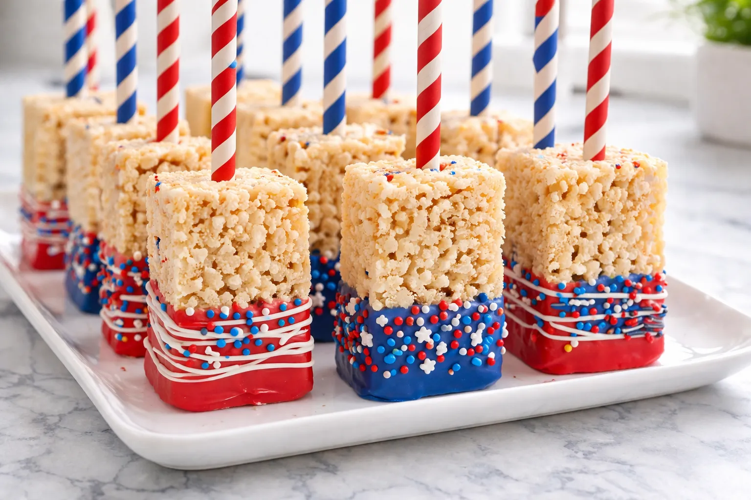 Patriotic rice cereal treat pops on striped paper sticks, dipped in red and blue candy coating and decorated with red, white, and blue sprinkles on a white platter.