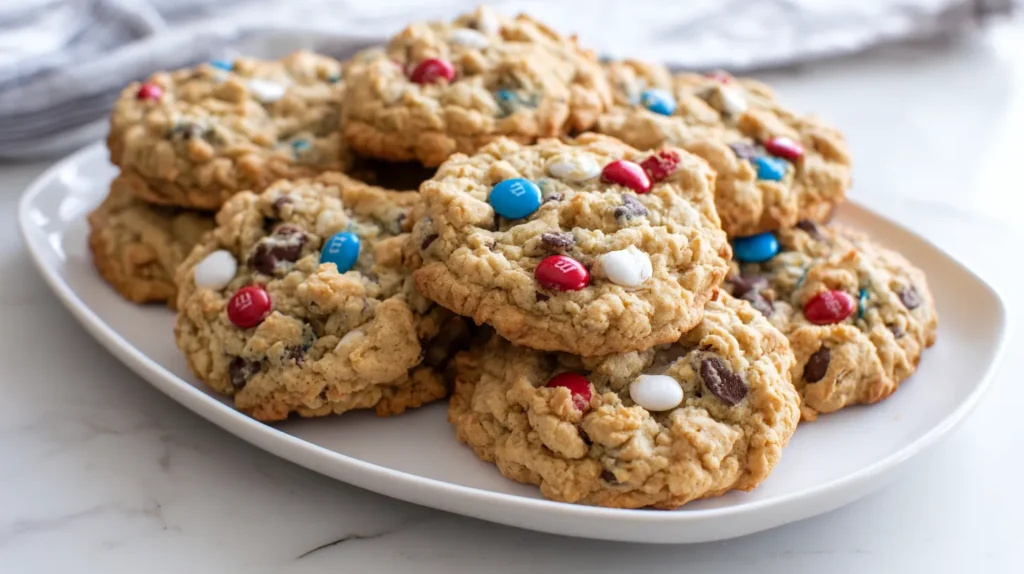 hyper-realistic overhead food photography of thick bakery-style Memorial Day monster cookies on a white oval platter on a white marble kitchen counter, bright white kitchen, soft natural window light, cookies with craggy uneven tops, chunky scooped texture, softly mounded centers, lightly golden edges, visible chocolate chips and red white and blue M&Ms pressed into the tops, rustic homemade look, crisp editorial baking photo, no people, no text, no watermark
