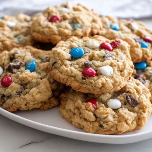 hyper-realistic overhead food photography of thick bakery-style Memorial Day monster cookies on a white oval platter on a white marble kitchen counter, bright white kitchen, soft natural window light, cookies with craggy uneven tops, chunky scooped texture, softly mounded centers, lightly golden edges, visible chocolate chips and red white and blue M&Ms pressed into the tops, rustic homemade look, crisp editorial baking photo, no people, no text, no watermark