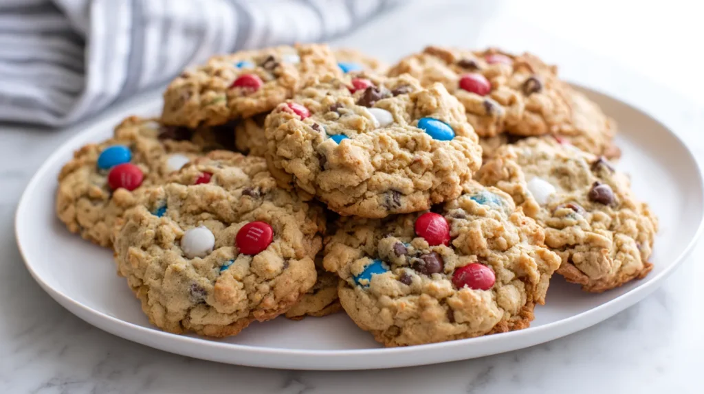 hyper-realistic overhead food photography of thick bakery-style Memorial Day monster cookies on a white oval platter on a white marble kitchen counter, bright white kitchen, soft natural window light, cookies with craggy uneven tops, chunky scooped texture, softly mounded centers, lightly golden edges, visible chocolate chips and red white and blue M&Ms pressed into the tops, rustic homemade look, crisp editorial baking photo, no people, no text, no watermark