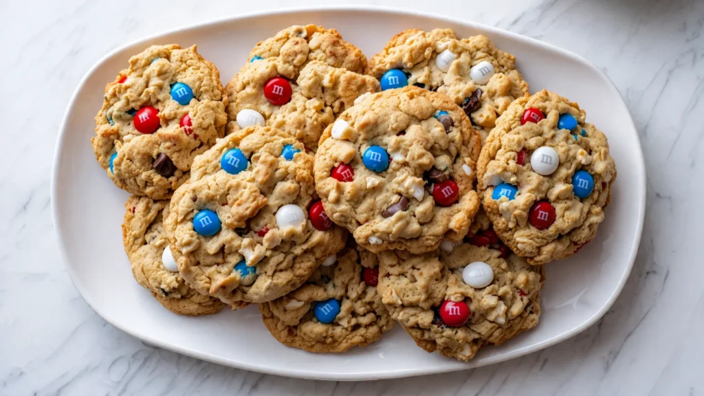 hyper-realistic overhead food photography of thick bakery-style Memorial Day monster cookies on a white oval platter on a white marble kitchen counter, bright white kitchen, soft natural window light, cookies with craggy uneven tops, chunky scooped texture, softly mounded centers, lightly golden edges, visible chocolate chips and red white and blue M&Ms pressed into the tops, rustic homemade look, crisp editorial baking photo, no people, no text, no watermark