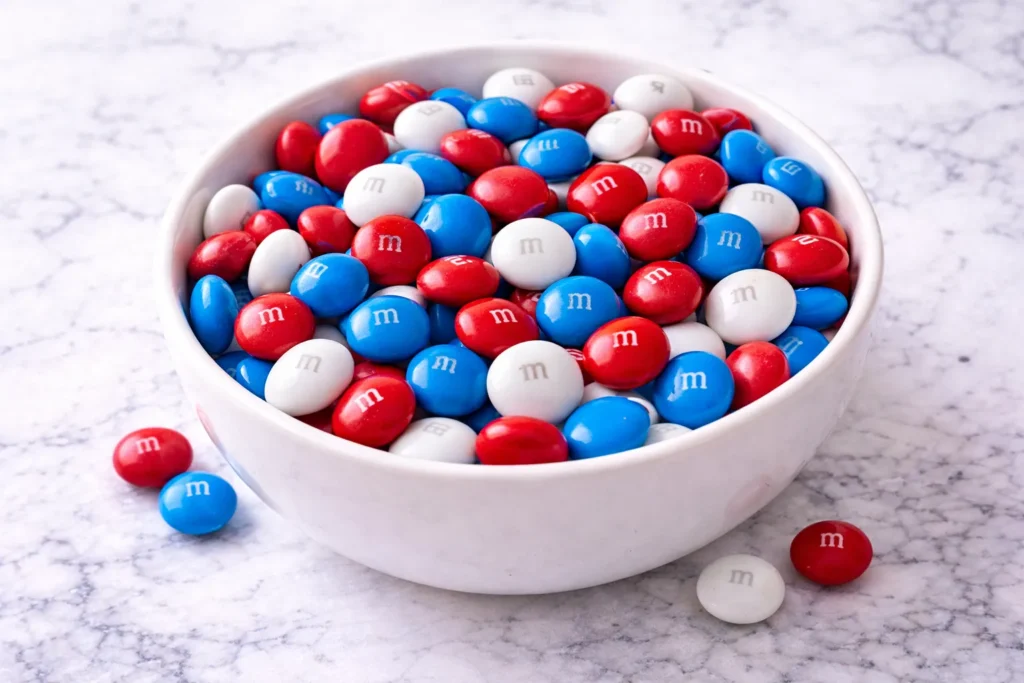 bowl of red, white, and blue m&ms