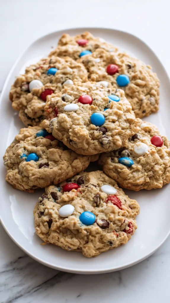 hyper-realistic overhead food photography of thick bakery-style Memorial Day monster cookies on a white oval platter on a white marble kitchen counter, bright white kitchen, soft natural window light, cookies with craggy uneven tops, chunky scooped texture, softly mounded centers, lightly golden edges, visible chocolate chips and red white and blue M&Ms pressed into the tops, rustic homemade look, crisp editorial baking photo
