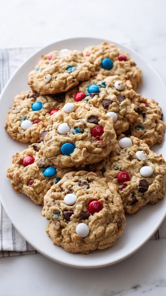 hyper-realistic overhead food photography of thick bakery-style Memorial Day monster cookies on a white oval platter on a white marble kitchen counter, bright white kitchen, soft natural window light, cookies with craggy uneven tops, chunky scooped texture, softly mounded centers, lightly golden edges, visible chocolate chips and red white and blue M&Ms pressed into the tops, rustic homemade look, crisp editorial baking photo, no people, no text, no watermark