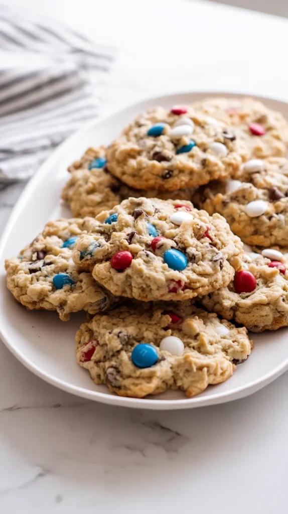 thick bakery-style Memorial Day monster cookies on a white oval platter on a white marble kitchen counter, bright white kitchen, soft natural window light, cookies with craggy uneven tops, chunky scooped texture, softly mounded centers, lightly golden edges, visible chocolate chips and red white and blue M&Ms pressed into the tops, rustic homemade look, crisp editorial baking photo, no people, no text, no watermark