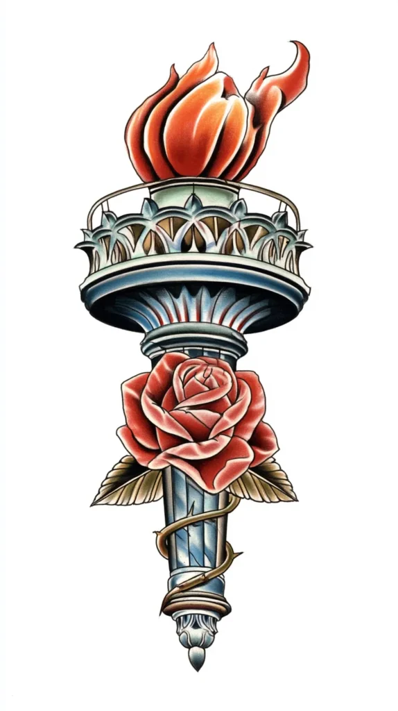 patriotic tattoo illustration, liberty torch with soft rose stem wrapped around the handle, elegant American symbolism, refined shading, tattoo flash on white background, classic but modern