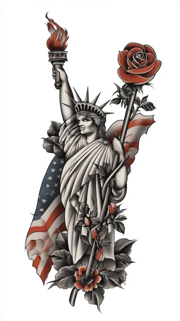 patriotic tattoo illustration, liberty torch with soft rose stem wrapped around the handle, elegant American symbolism, refined shading, tattoo flash on white background, classic but modern