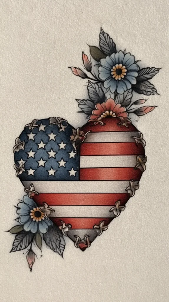 patriotic tattoo design, American flag heart with stitched edges and tiny floral accents, soft vintage tattoo style, detailed linework, feminine flash art, muted red white and blue, clean background