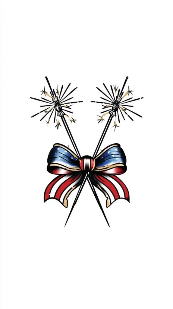 patriotic tattoo illustration, pair of crossed sparklers tied with a patriotic ribbon bow, playful but chic, tattoo flash style, crisp linework, minimal shading, white background