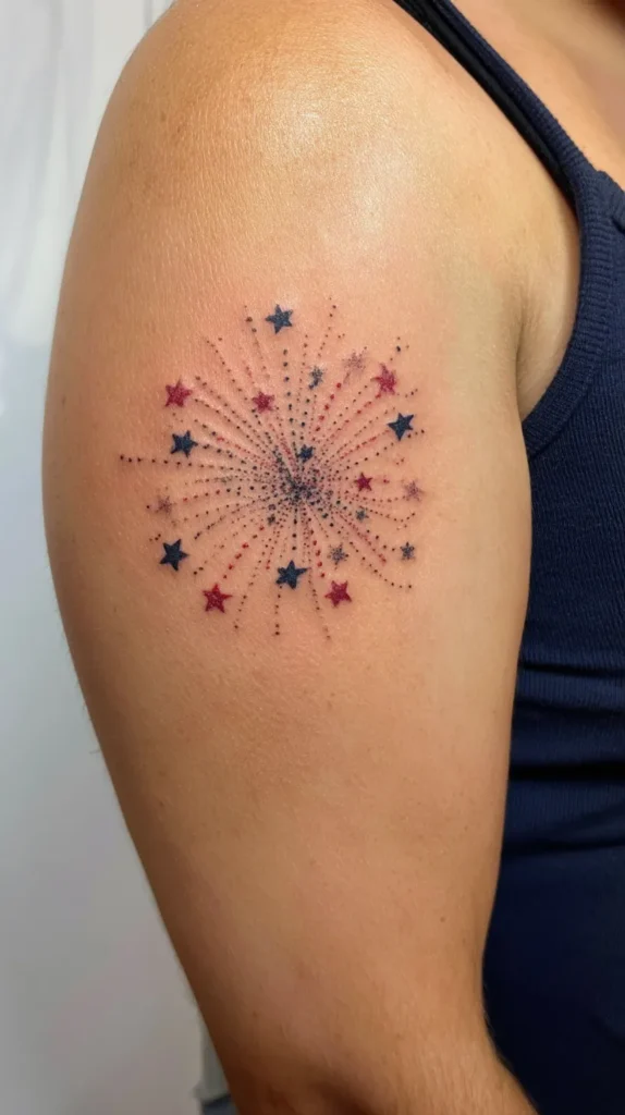 patriotic tattoo design, small fireworks burst made from stars and delicate dots, stylish minimal tattoo flash, feminine and clean, red navy and black ink style, white background