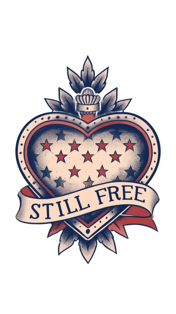 patriotic tattoo design, vintage Americana heart locket with tiny stars and banner reading still free, feminine tattoo flash illustration, classic linework, soft muted red and navy palette, clean white background