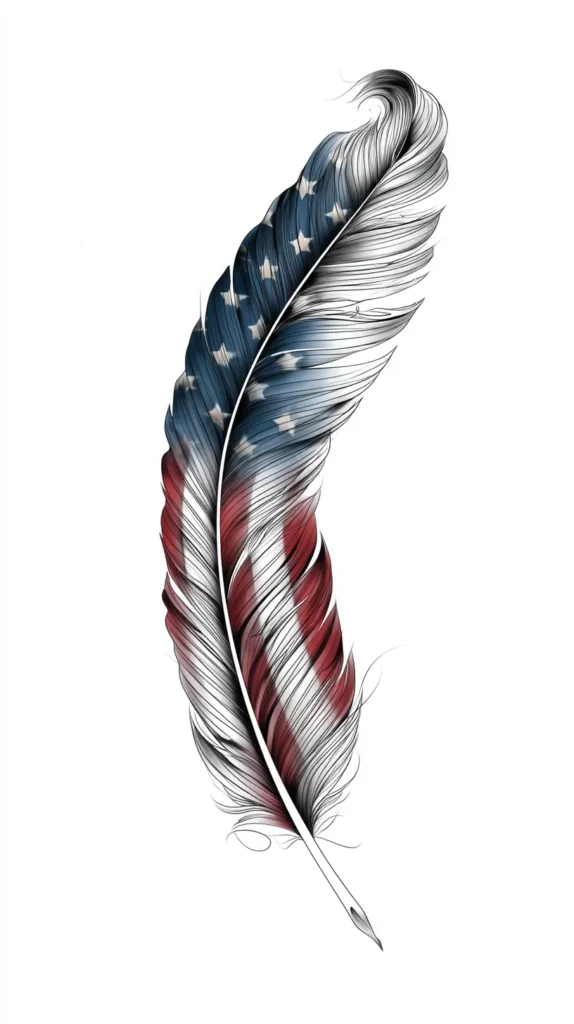 patriotic tattoo design, eagle feather with subtle red and blue ink details and tiny stars on the feather drifting upward, graceful fine line tattoo art, feminine Americana style, clean white background
