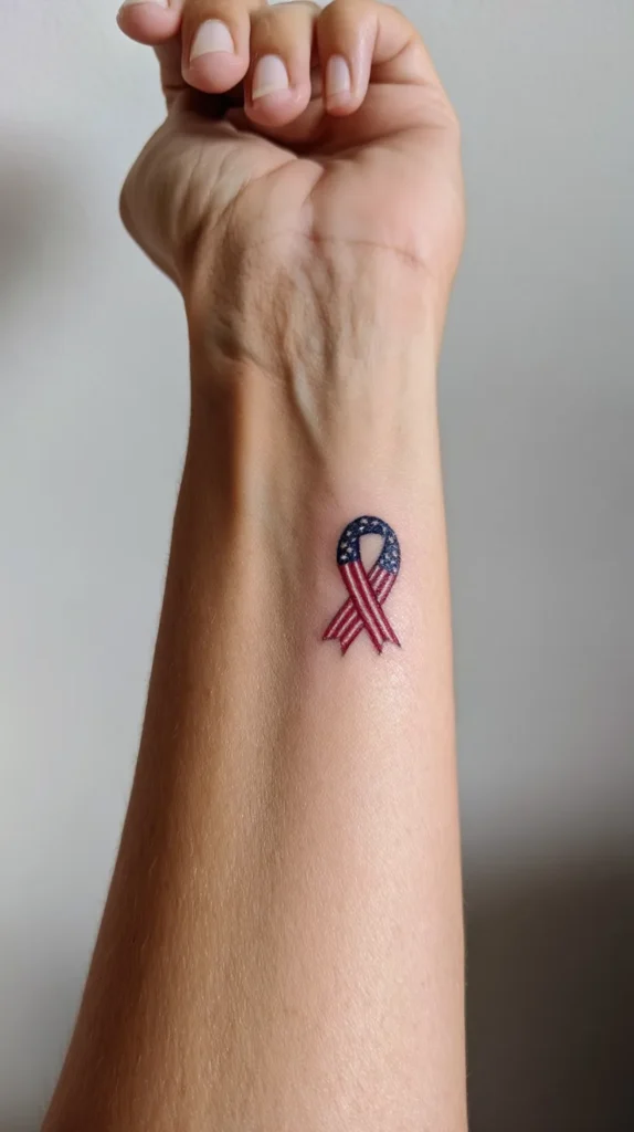 hyper-realistic photo of an adult woman’s inner forearm with a small patriotic tattoo, tiny American flag ribbon with delicate stars, feminine and tasteful, clean skin, natural arm pose, soft daylight, minimal background, realistic tattoo ink, no text, no watermark