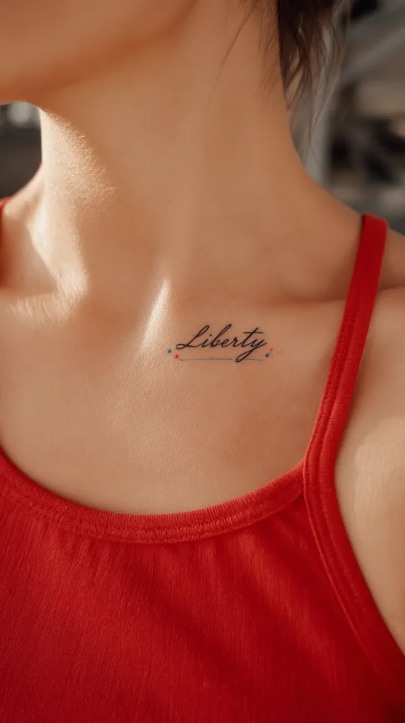 hyper-realistic photo of an adult woman’s collarbone tattoo, cursive liberty with tiny red and blue stars, soft feminine styling, natural skin texture, close-up composition, bright natural light, elegant and realistic tattoo placement, no text, no watermark