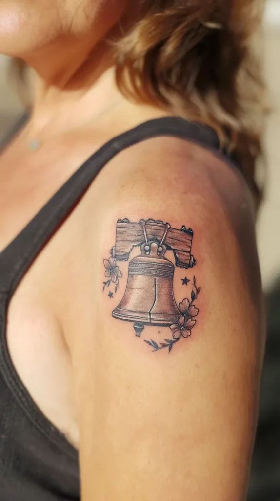 hyper-realistic photo of an adult woman’s upper arm tattoo, elegant liberty bell with small florals and stars, refined patriotic design, realistic shading, soft daylight, natural skin texture, tasteful feminine composition, no text, no watermark