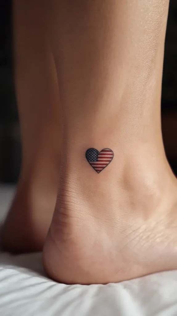 hyper-realistic photo of an adult woman’s ankle tattoo, tiny patriotic heart with American flag details, feminine and minimal, natural leg pose, sharp tattoo detail, bright clean lighting, realistic skin and ink texture, no text, no watermark