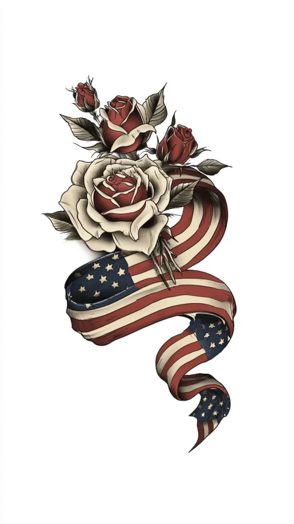 patriotic tattoo flash design, vintage American flag ribbon wrapped around a small bouquet of roses, delicate linework, feminine but bold, muted red navy and cream palette, clean white background, highly detailed tattoo illustration