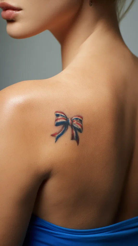 hyper-realistic photo of an adult woman’s shoulder blade with a small patriotic tattoo, vintage bow in red white and blue with fine line shading, soft skin tones, clean realistic ink, subtle feminine pose, airy neutral background, no text, no watermark, woman is wearing a blue tube top, focus in the bow tattoo