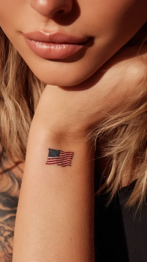 hyper-realistic photo of an adult woman’s wrist tattoo, tiny patriotic American flag, feminine and playful, realistic skin detail, close-up shot, bright natural light, no text, no watermark