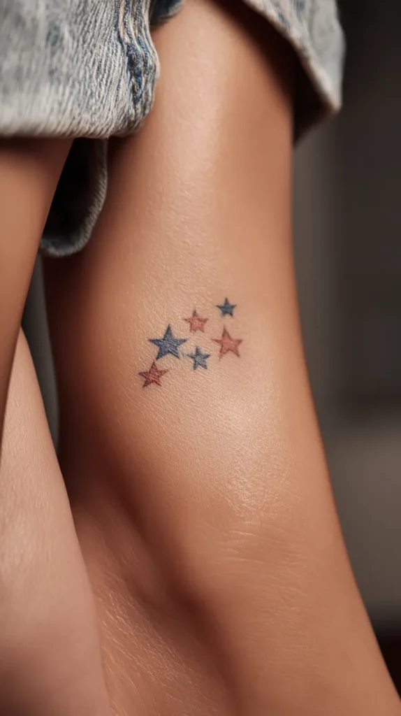 hyper-realistic photo of an adult woman’s ankle and lower calf tattoo, small cluster of patriotic stars with soft red and blue, feminine minimalist tattoo, realistic skin texture, bright clean lighting, no text, no watermark