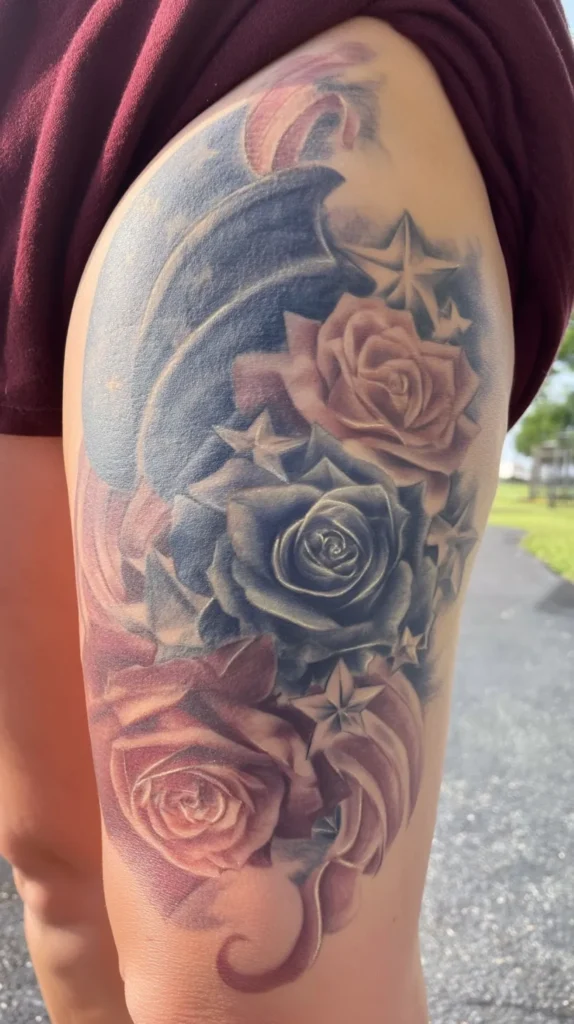 hyper-realistic photo of an adult woman’s thigh tattoo, patriotic floral arrangement with roses, stars, and flowing ribbon in muted red white and blue, stylish and feminine, realistic tattoo art, soft daylight, no text, no watermark