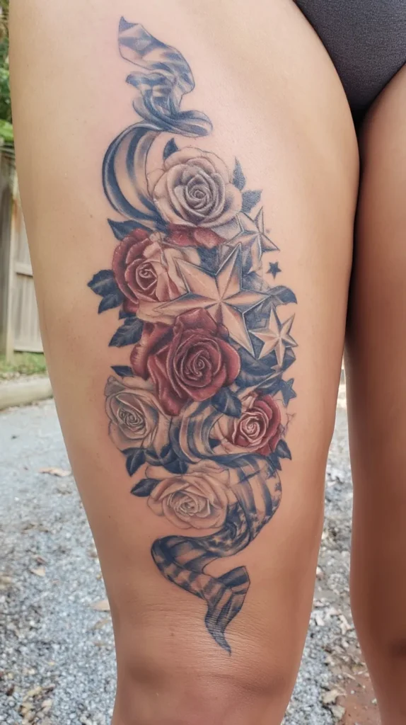 hyper-realistic photo of an adult woman’s thigh tattoo, patriotic floral arrangement with roses, stars, and flowing ribbon in muted red white and blue, stylish and feminine, realistic tattoo art, soft daylight, no text, no watermark