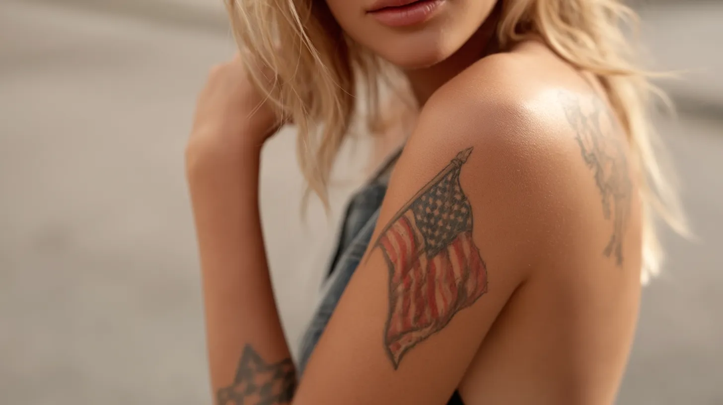 hyper-realistic photo of an adult woman with tasteful patriotic tattoos on her forearm and shoulder, feminine but bold, stylish Americana vibe, soft red white and blue tattoo accents, clean realistic skin texture, summer natural light, slightly candid pose, neutral blurred outdoor background, polished editorial look, chic not cheesy, detailed tattoo artistry, no text, no watermark