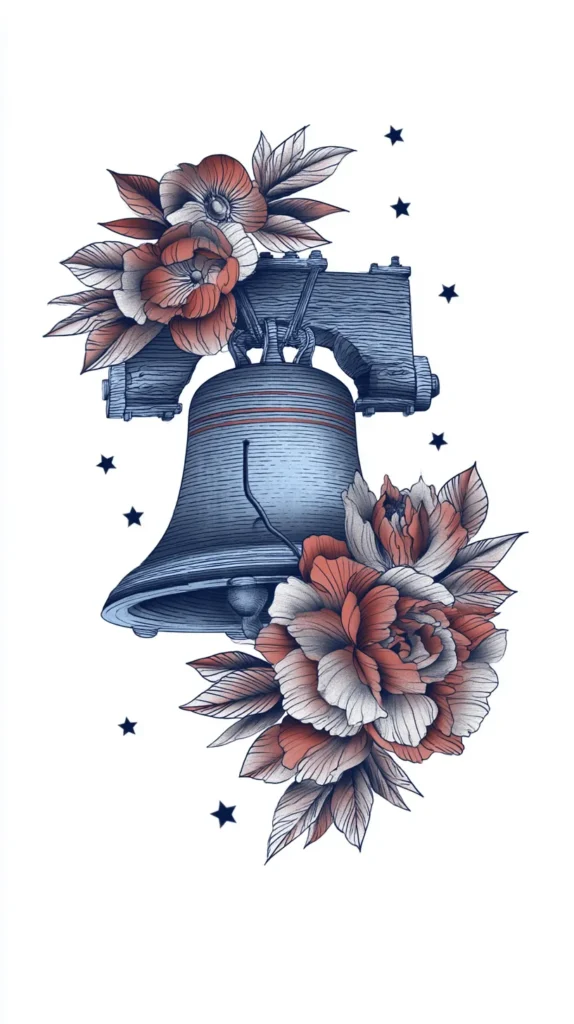 patriotic tattoo design, liberty bell with soft florals and tiny stars, elegant feminine composition, fine line and shaded tattoo flash style, muted red blue and black ink look, clean white background