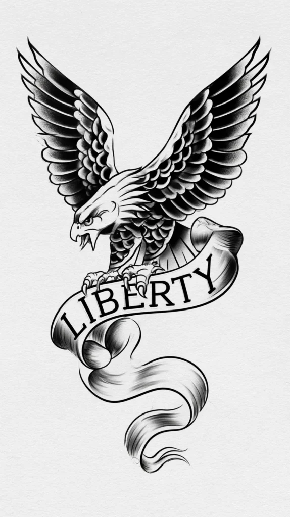 patriotic tattoo flash sheet style, small American eagle with spread wings above a flowing banner that says liberty, refined linework, classic Americana look, balanced composition, tattoo stencil illustration on white background