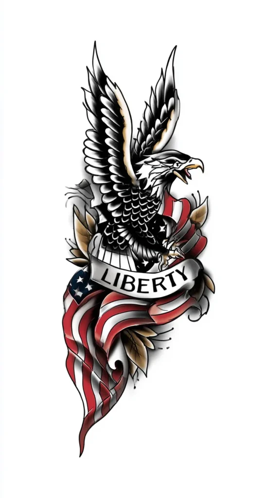 patriotic tattoo flash sheet style, small American eagle with spread wings above a flowing banner that says liberty, refined linework, classic Americana look, balanced composition, tattoo stencil illustration on white background