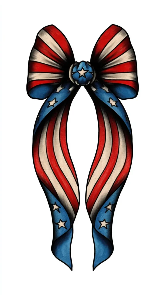 patriotic tattoo illustration, vintage bow in red white and blue with subtle star details, soft feminine tattoo flash, crisp linework, elegant shading, white background, tattoo artist concept art