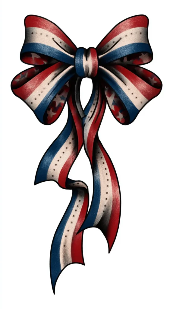 patriotic tattoo illustration, vintage bow in red white and blue with subtle star details, soft feminine tattoo flash, crisp linework, elegant shading, white background, tattoo artist concept art