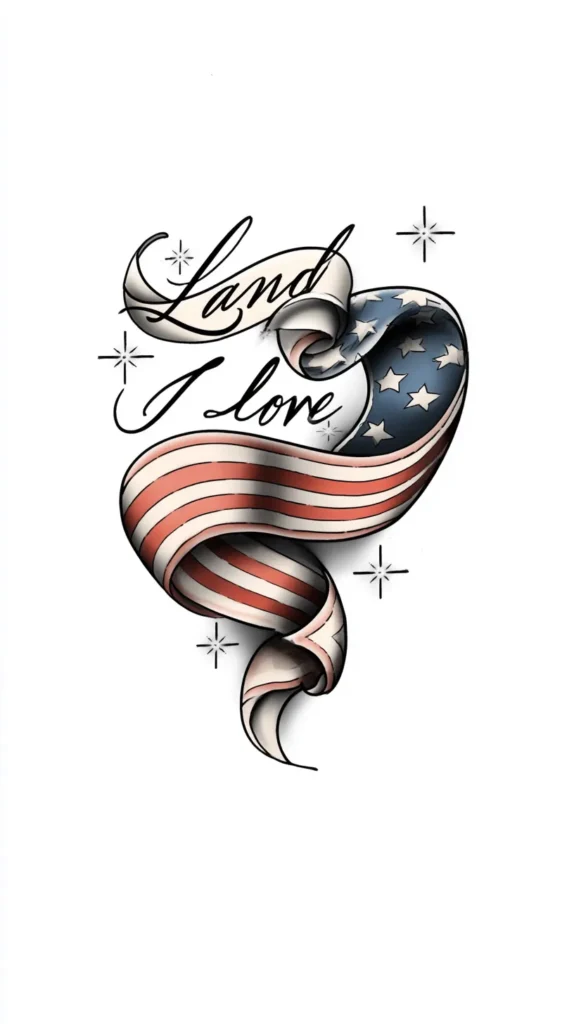 patriotic tattoo design, cursive phrase land I love with tiny sparkling stars and a flowing ribbon, delicate but polished, feminine fine line tattoo flash, muted Americana colors, clean white background