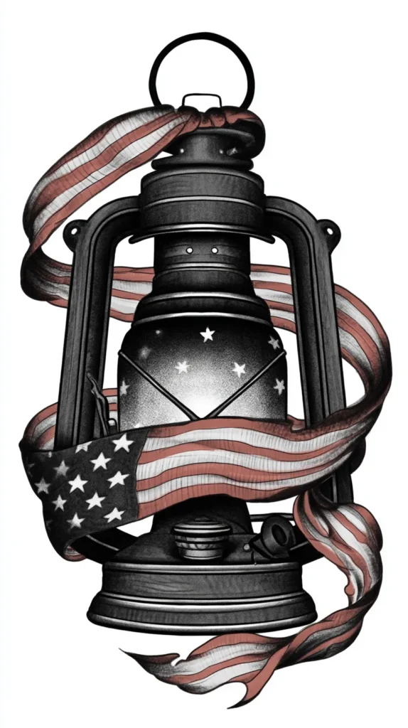 patriotic tattoo flash idea, antique lantern glowing with tiny stars and flag-inspired ribbon, moody Americana style, black and gray with muted red accents, clean tattoo illustration, white background