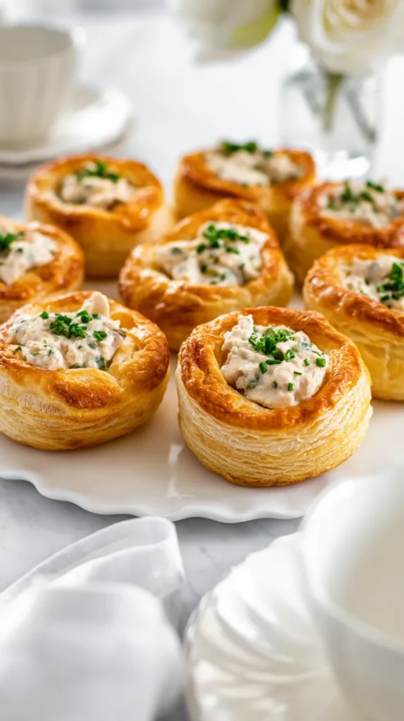 hyper-realistic photo of completed vol au vents arranged on a pretty white platter, golden flaky puff pastry shells filled with a creamy savory chicken and herb filling, garnished with fresh chives, set on a white marble kitchen counter in a bright white kitchen, crisp natural window light, airy editorial food photography, elegant tea party styling, delicate teacups and a small vase of soft flowers in the background, shallow depth of field, realistic textures, buttery layers clearly visible, polished but natural, no people, no hands, no text, no watermark