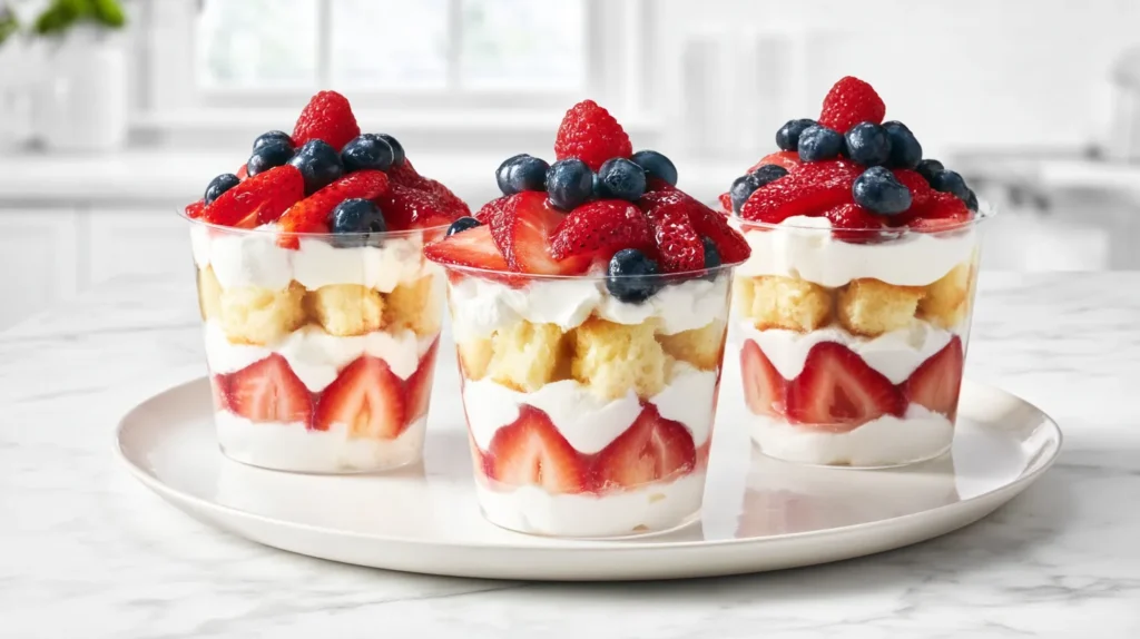 hyper-realistic photo of three berry shortcake cups arranged on a round white ceramic plate, clear dessert cups filled with visible 1-inch cubes of soft golden pound cake, layers of fluffy white whipped cream, sliced bright red strawberries, whole deep blue blueberries, a few raspberries on top, fresh and glossy fruit, soft creamy texture, clean distinct layers, set on a white marble kitchen counter in a bright white kitchen, crisp natural window light, airy editorial food photography, realistic colors, realistic fruit sizes, sharp focus, no people, no hands, no text, no watermark