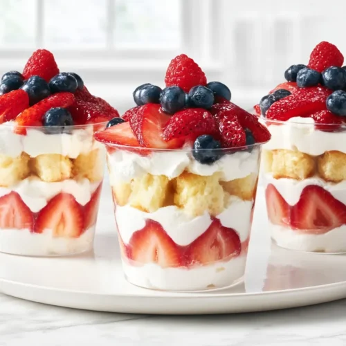 hyper-realistic photo of three berry shortcake cups arranged on a round white ceramic plate, clear dessert cups filled with visible 1-inch cubes of soft golden pound cake, layers of fluffy white whipped cream, sliced bright red strawberries, whole deep blue blueberries, a few raspberries on top, fresh and glossy fruit, soft creamy texture, clean distinct layers, set on a white marble kitchen counter in a bright white kitchen, crisp natural window light, airy editorial food photography, realistic colors, realistic fruit sizes, sharp focus, no people, no hands, no text, no watermark