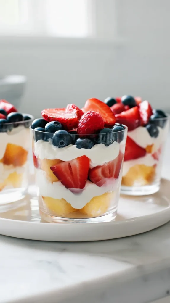hyper-realistic photo of three berry shortcake cups arranged on a round white ceramic plate, clear dessert cups filled with visible 1-inch cubes of soft golden pound cake, layers of fluffy white whipped cream, sliced bright red strawberries, whole deep blue blueberries, a few raspberries on top, fresh and glossy fruit, soft creamy texture, clean distinct layers, set on a white marble kitchen counter in a bright white kitchen, crisp natural window light, airy editorial food photography, realistic colors, realistic fruit sizes, sharp focus, no people, no hands, no text, no watermark