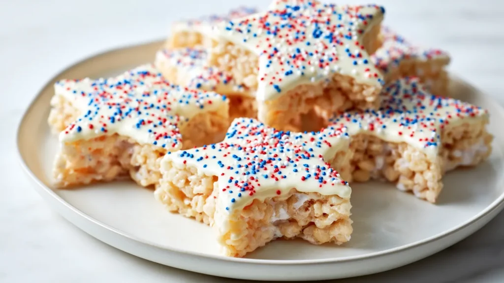 hyper-realistic photo of several rice krispies treat stars arranged on a white ceramic plate, star-shaped cereal treats with visible puffed rice and soft marshmallow binding, half-dipped in smooth white chocolate, topped with red white and blue jimmies sprinkles, slightly glossy coating, crisp chewy texture, festive but realistic, set on a white marble kitchen counter in a bright white kitchen, bright natural window light, clean editorial food photography, sharp focus, realistic sizes and textures, no people, no hands, no text, no watermark