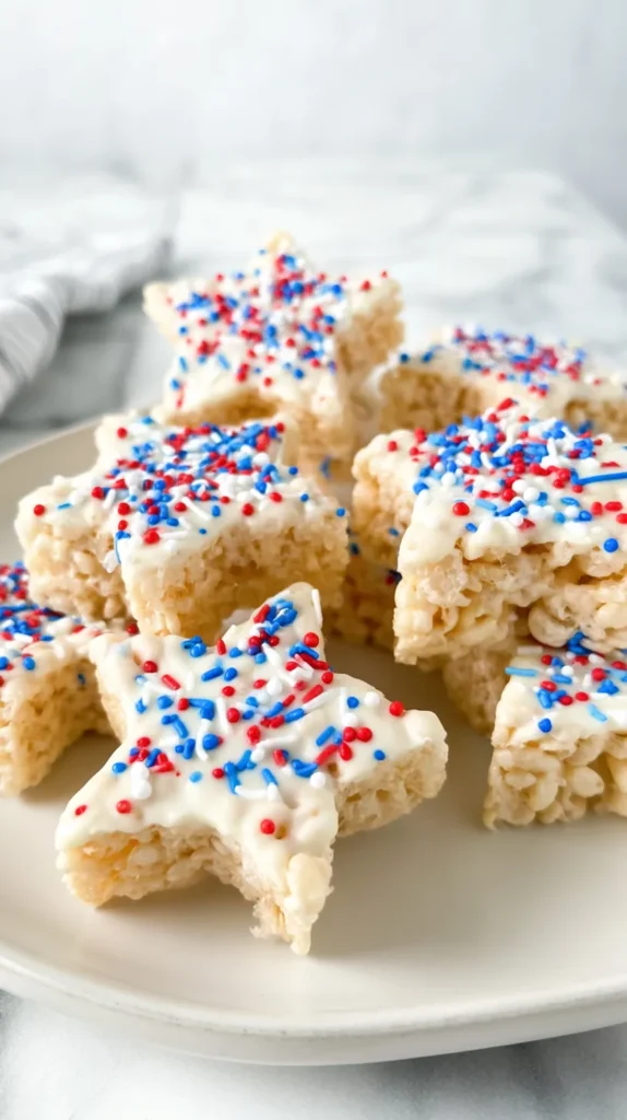 hyper-realistic photo of several rice krispies treat stars arranged on a white ceramic plate, star-shaped cereal treats with visible puffed rice and soft marshmallow binding, half-dipped in smooth white chocolate, topped with red white and blue jimmies sprinkles, slightly glossy coating, crisp chewy texture, festive but realistic, set on a white marble kitchen counter in a bright white kitchen, bright natural window light, clean editorial food photography, sharp focus, realistic sizes and textures, no people, no hands, no text, no watermark