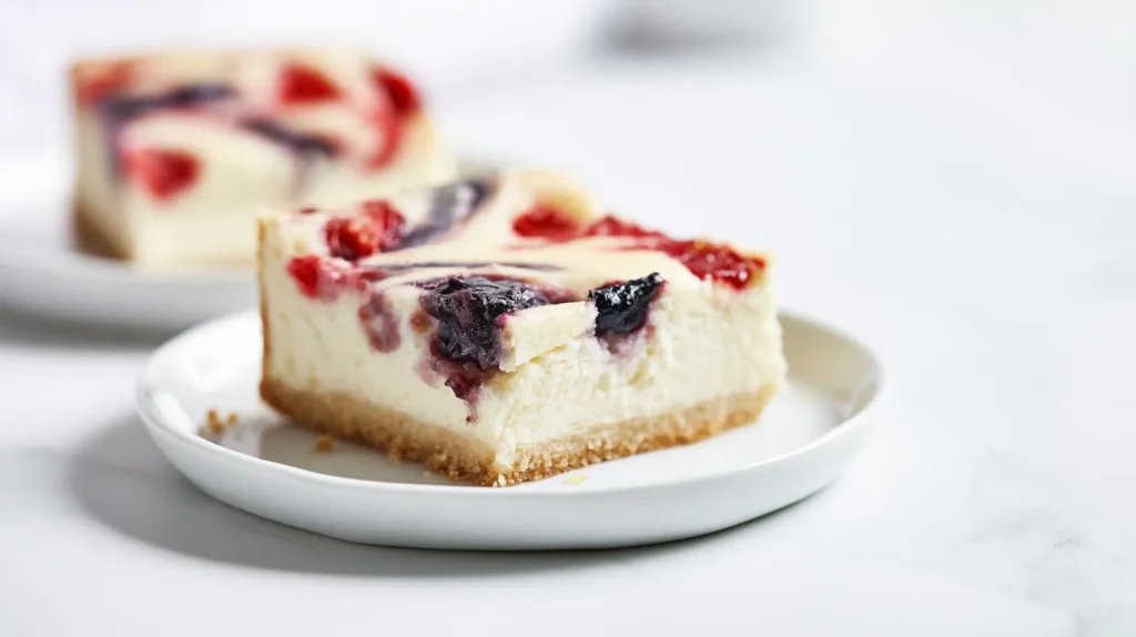 hick but homemade cheesecake cookie bars cut from a 9x13 pan, pale golden sugar cookie crust, creamy white cheesecake filling, light strawberry jam and blueberry preserve swirls mostly on top with a little marbling inside, realistic homemade edges, not bakery-perfect, one bar on a white plate with one additional bar beside it, white marble counter, bright white kitchen, natural window light