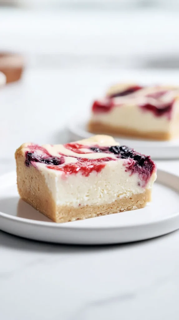 thick but homemade cheesecake cookie bars, pale golden sugar cookie crust, creamy white cheesecake filling, light strawberry jam and blueberry preserve swirls mostly on top with a little marbling inside, realistic homemade edges, not bakery-perfect, one bar on a white plate with one additional bar beside it, white marble counter, bright white kitchen, natural window light
