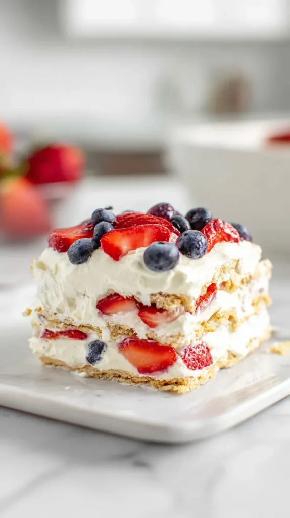 hyper-realistic photo of a square slice of no-bake berry icebox cake with 2 visible graham cracker layers, 2 layers of fluffy white cream filling, sliced strawberries and whole blueberries between the layers, and a smooth cream topping with extra berries on top, set on a white marble kitchen counter in a bright white kitchen, crisp natural window light, airy editorial dessert photography, realistic textures and proportions, no people, no hands, no text, no watermark