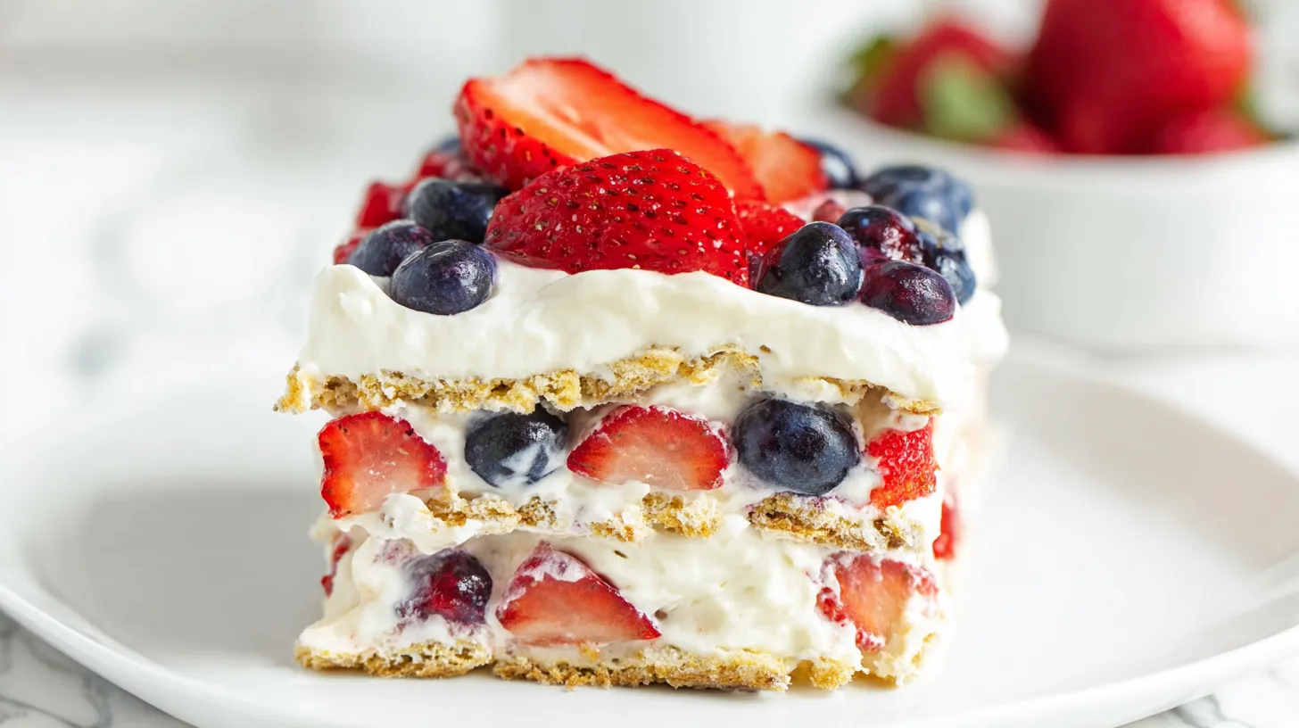 hyper-realistic photo of a square slice of no-bake berry icebox cake with 2 visible graham cracker layers, 2 layers of fluffy white cream filling, sliced strawberries and whole blueberries between the layers, and a smooth cream topping with extra berries on top, set on a white marble kitchen counter in a bright white kitchen, crisp natural window light, airy editorial dessert photography, realistic textures and proportions, no people, no hands, no text, no watermark