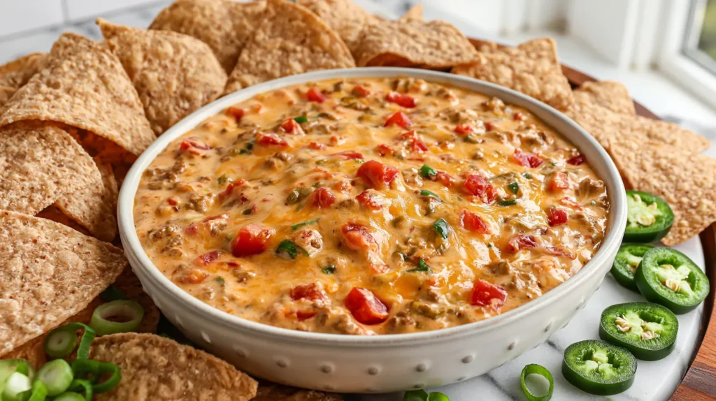 hyper-realistic photo of creamy Rotel dip in a small white ceramic serving bowl, melted cheese with diced tomatoes, green chiles, seasoned ground beef, and a glossy scoopable texture, surrounded by sturdy tortilla chips on a white marble countertop, bright white kitchen background, soft natural window light, casual party appetizer styling, a few sliced green onions and jalapeños scattered neatly around the bowl, warm cheesy texture, realistic food photography, crisp focus, true-to-life colors, editorial food styling, no hands, no people, no text, no logos, no watermark