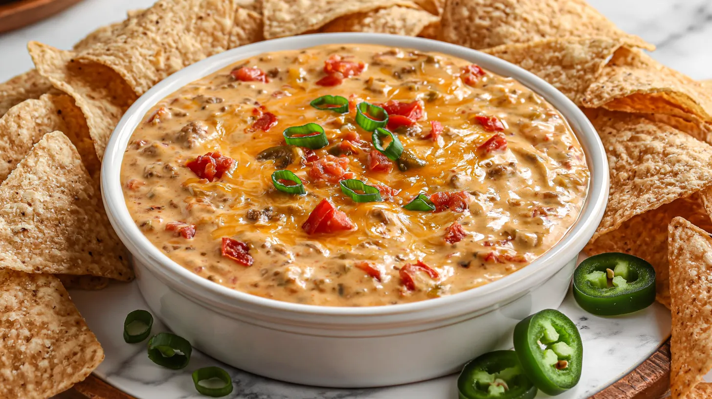 hyper-realistic photo of creamy Rotel dip in a small white ceramic serving bowl, melted cheese with diced tomatoes, green chiles, seasoned ground beef, and a glossy scoopable texture, surrounded by sturdy tortilla chips on a white marble countertop, bright white kitchen background, soft natural window light, casual party appetizer styling, a few sliced green onions and jalapeños scattered neatly around the bowl, warm cheesy texture, realistic food photography, crisp focus, true-to-life colors, editorial food styling, no hands, no people, no text, no logos, no watermark
