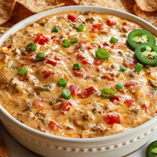 hyper-realistic photo of creamy Rotel dip in a small white ceramic serving bowl, melted cheese with diced tomatoes, green chiles, seasoned ground beef, and a glossy scoopable texture, surrounded by sturdy tortilla chips on a white marble countertop, bright white kitchen background, soft natural window light, casual party appetizer styling, a few sliced green onions and jalapeños scattered neatly around the bowl, warm cheesy texture, realistic food photography, crisp focus, true-to-life colors, editorial food styling, no hands, no people, no text, no logos, no watermark