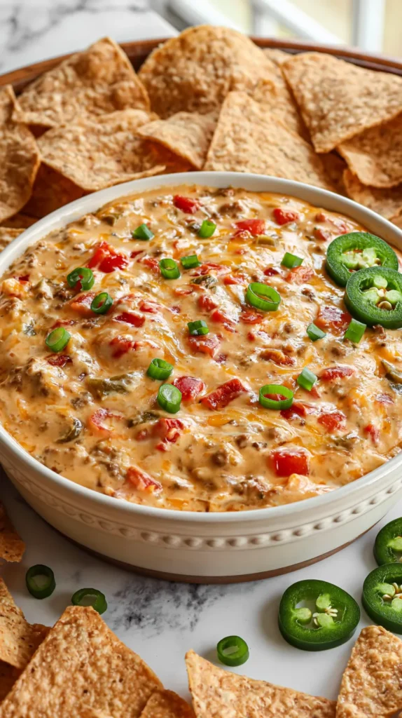 hyper-realistic photo of creamy Rotel dip in a small white ceramic serving bowl, melted cheese with diced tomatoes, green chiles, seasoned ground beef, and a glossy scoopable texture, surrounded by sturdy tortilla chips on a white marble countertop, bright white kitchen background, soft natural window light, casual party appetizer styling, a few sliced green onions and jalapeños scattered neatly around the bowl, warm cheesy texture, realistic food photography, crisp focus, true-to-life colors, editorial food styling, no hands, no people, no text, no logos, no watermark