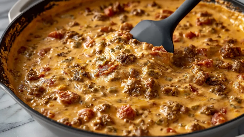 hyper-realistic photo of rotel dip being stirred in a black skillet, creamy melted cheese dip with seasoned ground beef, diced tomatoes, and green chiles, smooth velvety texture from cream cheese and Velveeta, black silicone spatula stirring through the dip, overhead angle, set on a white marble countertop in a bright white kitchen, soft natural window light, realistic homemade appearance, warm orange creamy tones, visible beef crumbles and tomato pieces, slightly messy skillet edges, crisp focus, editorial recipe photography, clean bright background, true-to-life colors, no people, no text, no logos, no watermark
